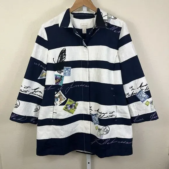 NWT CHICO'S Postcard Striped Jacket Size 2/L Large Stamp Navy Blue White Pockets - Picture 2 of 5
